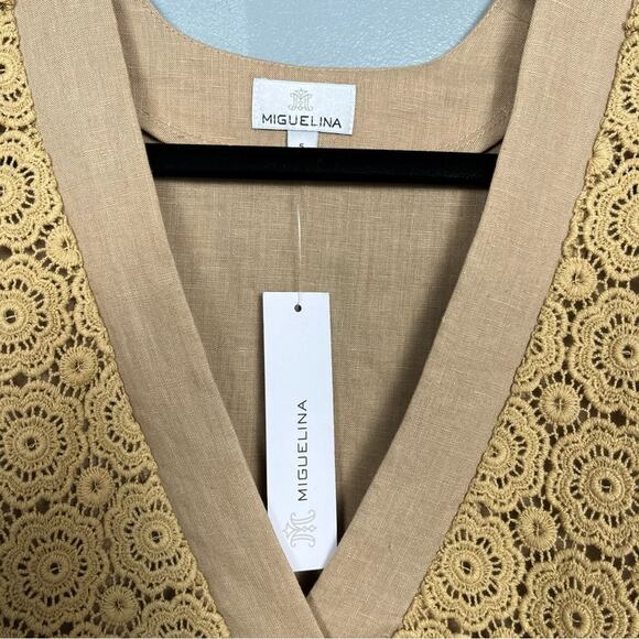 NWT Miguelina Regina Sample Linen Crochet Lace Blouse Waist Tie Camel Tan Size S - Picture 5 of 9